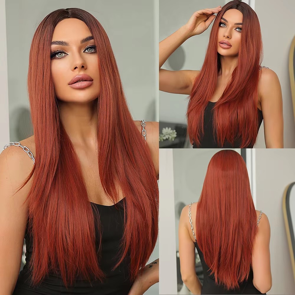 Mid Part  Synthetic Wigs Long Silk Straight Wig  Machine Made Natural BlackDaily Wig Heat Resistant Wigs