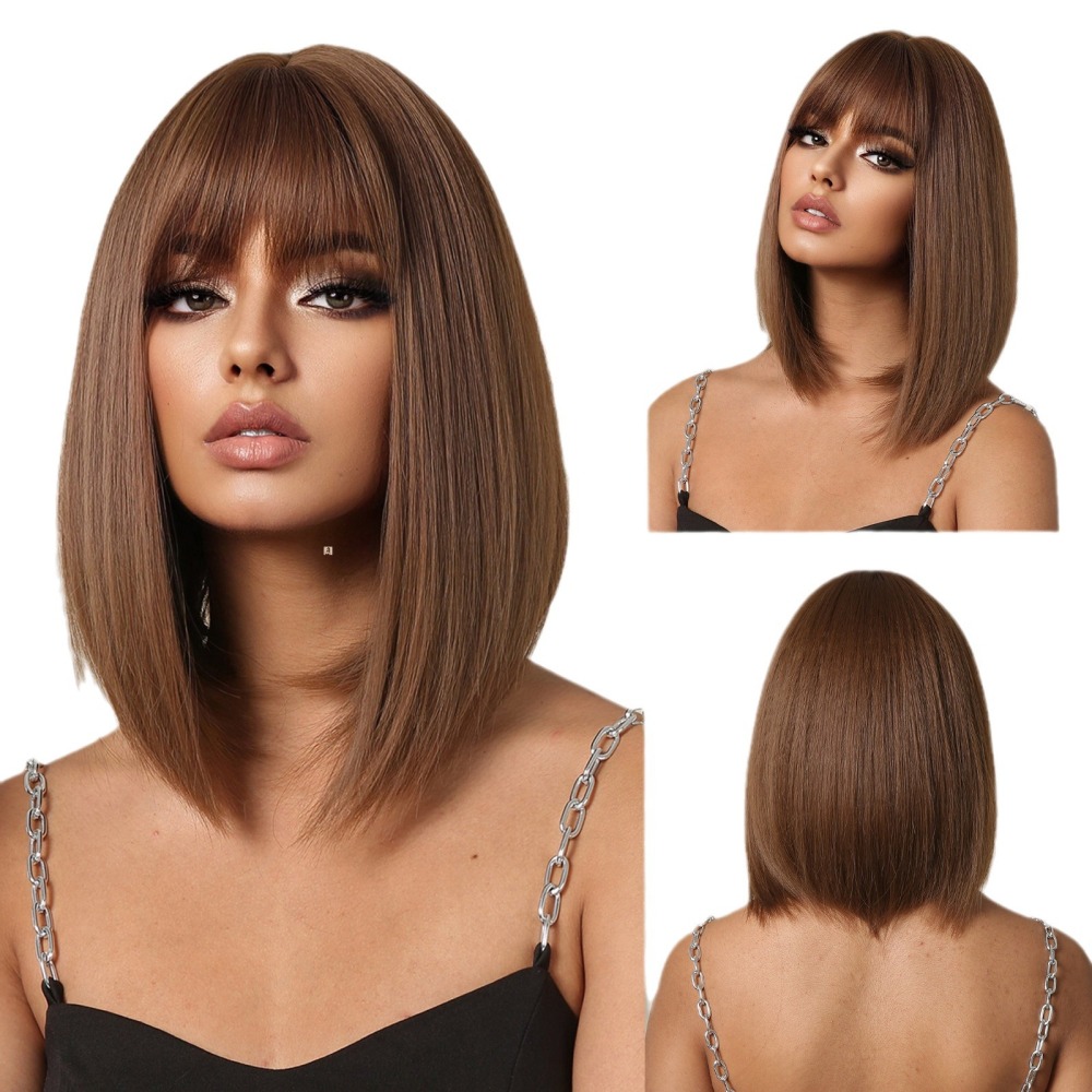Short Straight Bobo Wigs for Women Natural Brown Daily Synthetic Fake Hair with Bangs Soft High Density Party Wig Heat Resistant