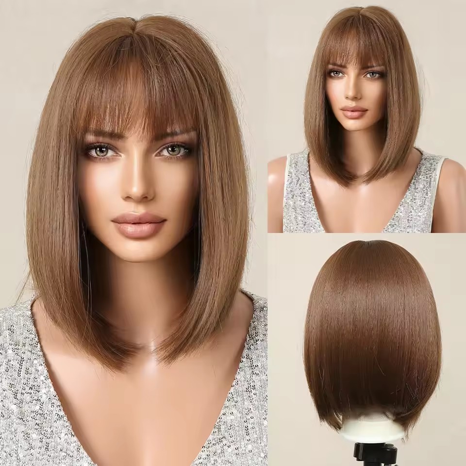 Brown Bob Wig with Bangs Synthetic Short Straight Cosplay Wigs for Black Women Natural Party Daily Use