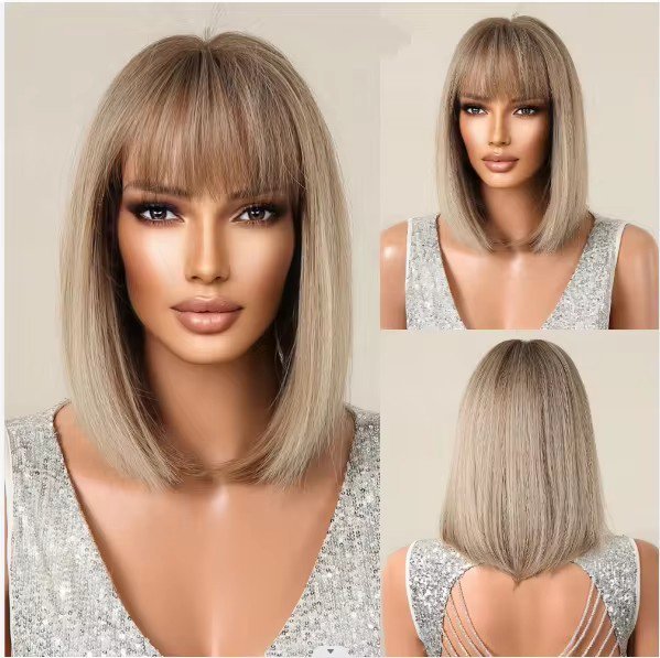 Brown Bob Wig with Bangs Synthetic Short Straight Cosplay Wigs for Black Women Natural Party Daily Use