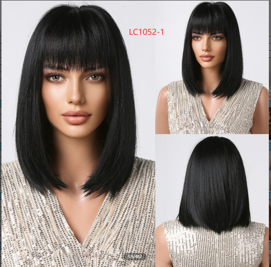 Brown Bob Wig with Bangs Synthetic Short Straight Cosplay Wigs for Black Women Natural Party Daily Use