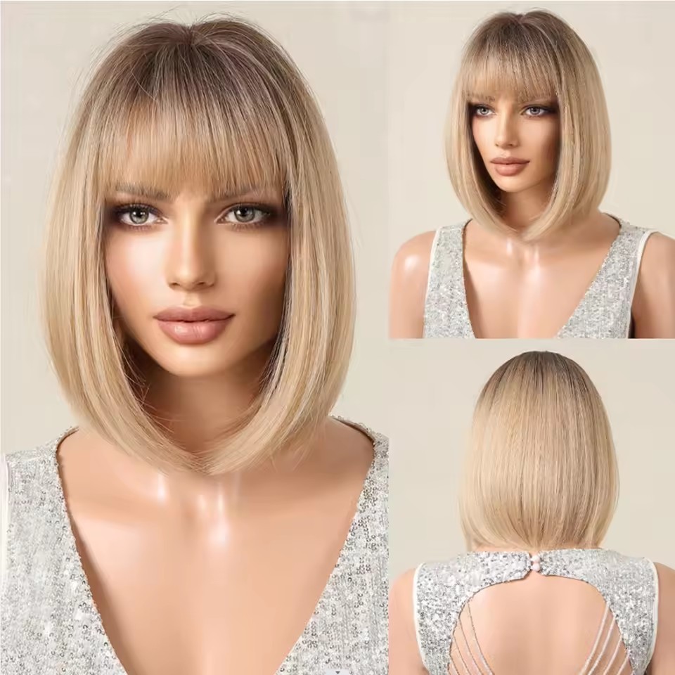 Black color Synthetic Wigs with Bangs Short Straight Bob Hair Wig for Women Cosplay Daily Natural Hair Heat Resistant