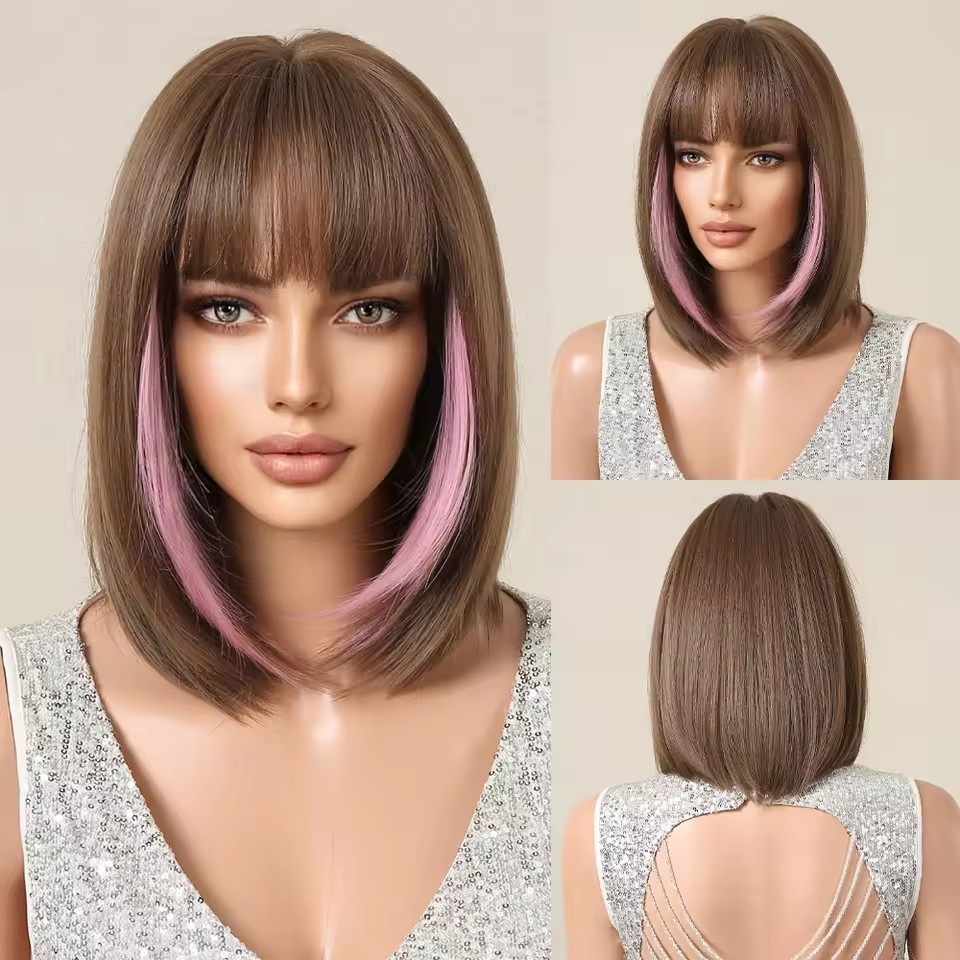 Brown Bob Wig with Bangs Synthetic Short Straight Cosplay Wigs for Black Women Natural Party Daily Use