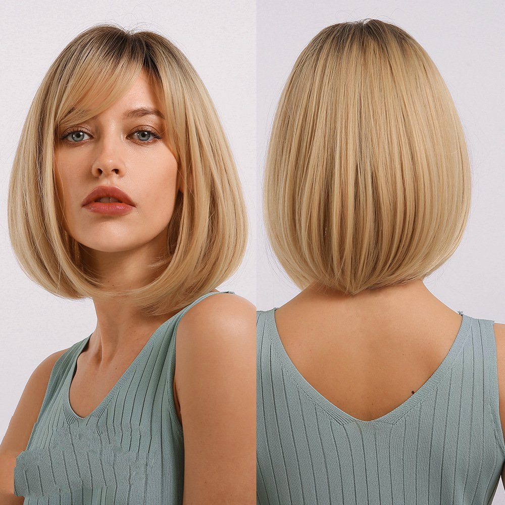 Short Ombre Platinum Blonde Synthetic Bob Wigs with Bangs Short Straight Natural Hair Wig for Women