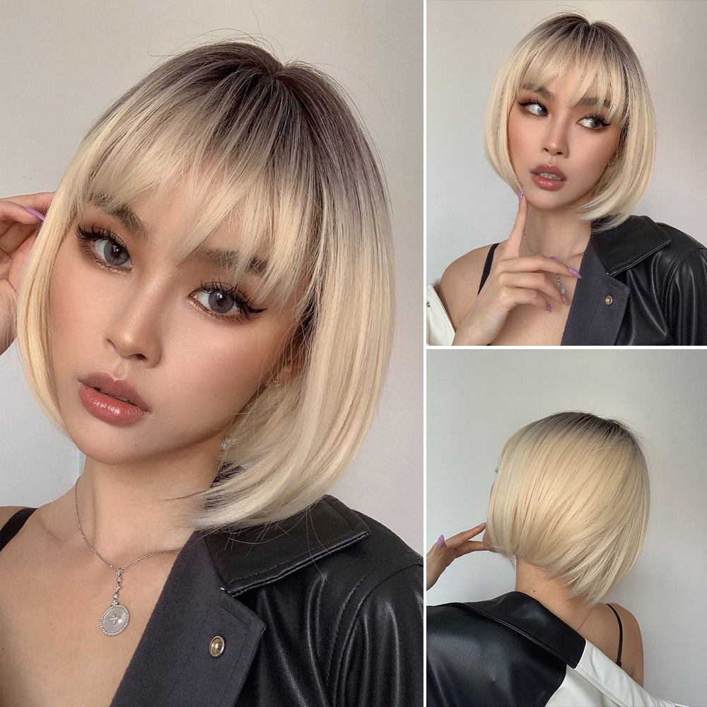 Short Ombre Platinum Blonde Synthetic Bob Wigs with Bangs Short Straight Natural Hair Wig for Women