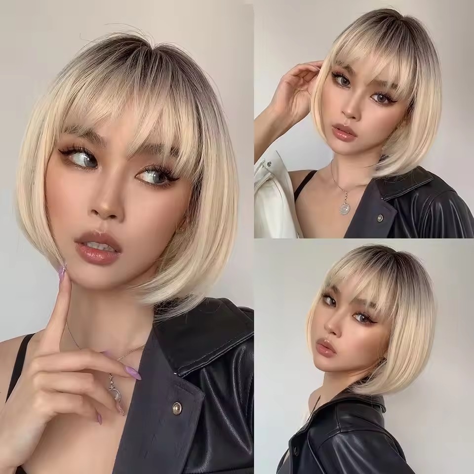 Ombre Platinum Blonde Synthetic Bob Wigs with Bangs Short Straight Natural Hair Wig for Women