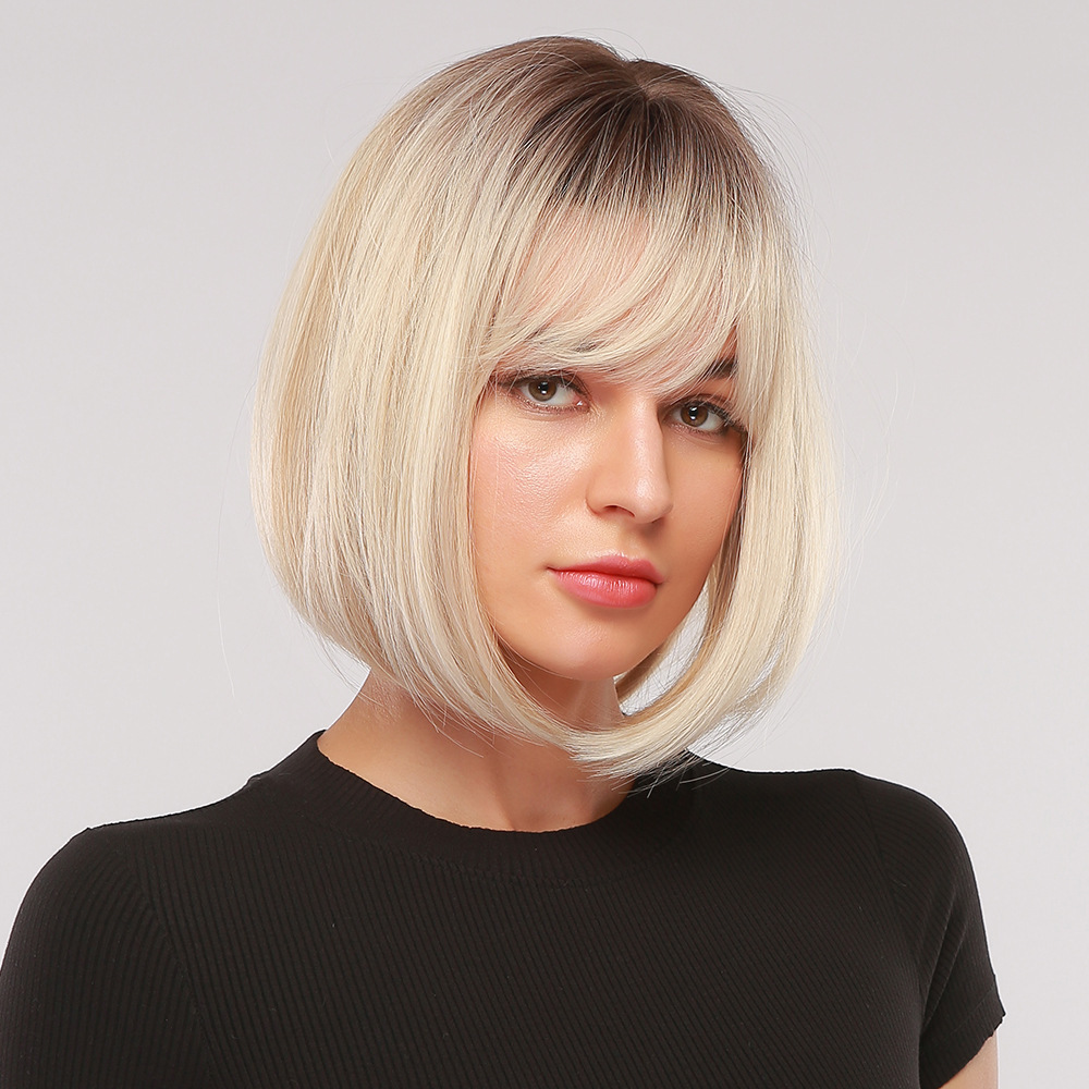 Short Ombre Platinum Blonde Synthetic Bob Wigs with Bangs Short Straight Natural Hair Wig for Women