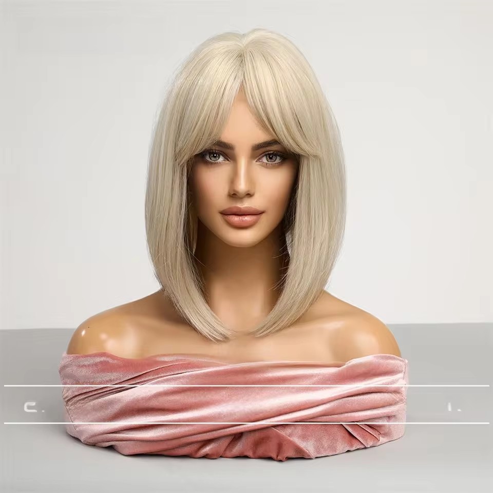 Short Ombre Platinum Blonde Synthetic Bob Wigs with Bangs Short Straight Natural Hair Wig for Women