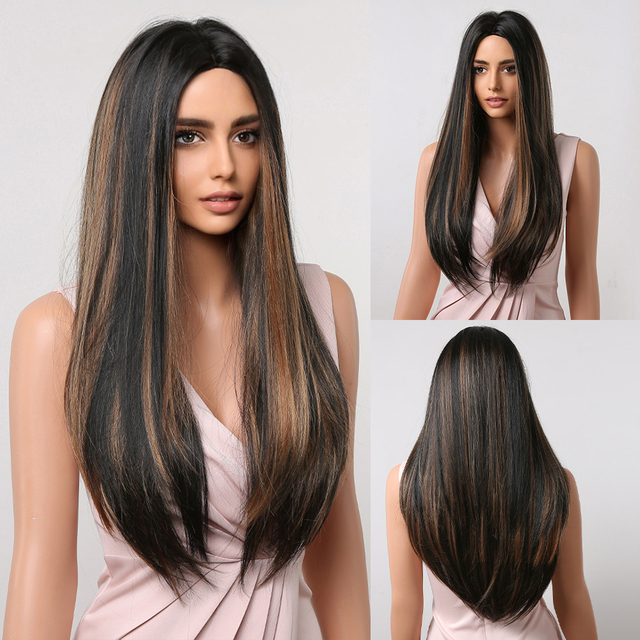 Mid Part  Synthetic Wigs Long Silk Straight Wig  Machine Made Natural BlackDaily Wig Heat Resistant Wigs