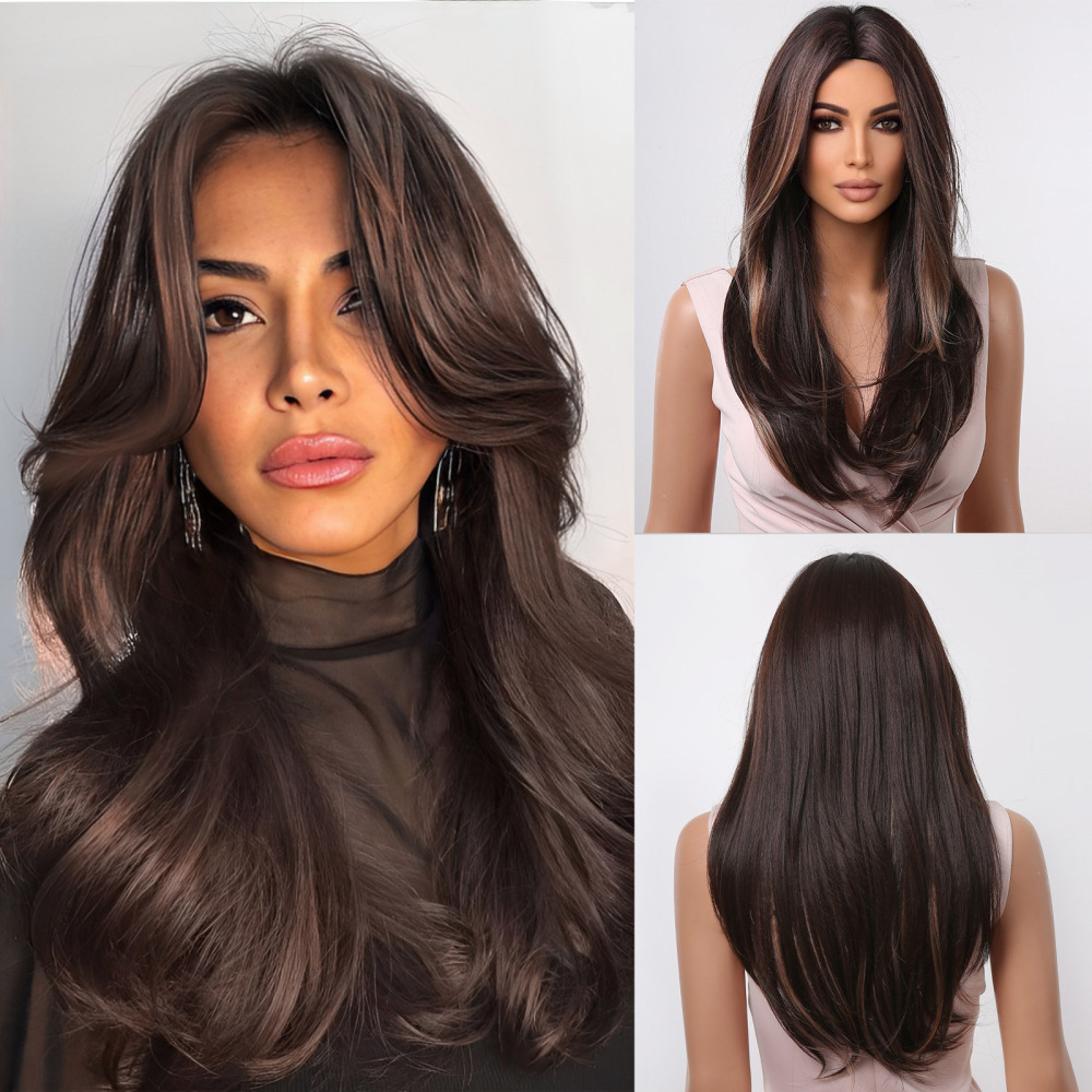 Mid Part  Synthetic Wigs Long Silk Straight Wig  Machine Made Natural BlackDaily Wig Heat Resistant Wigs