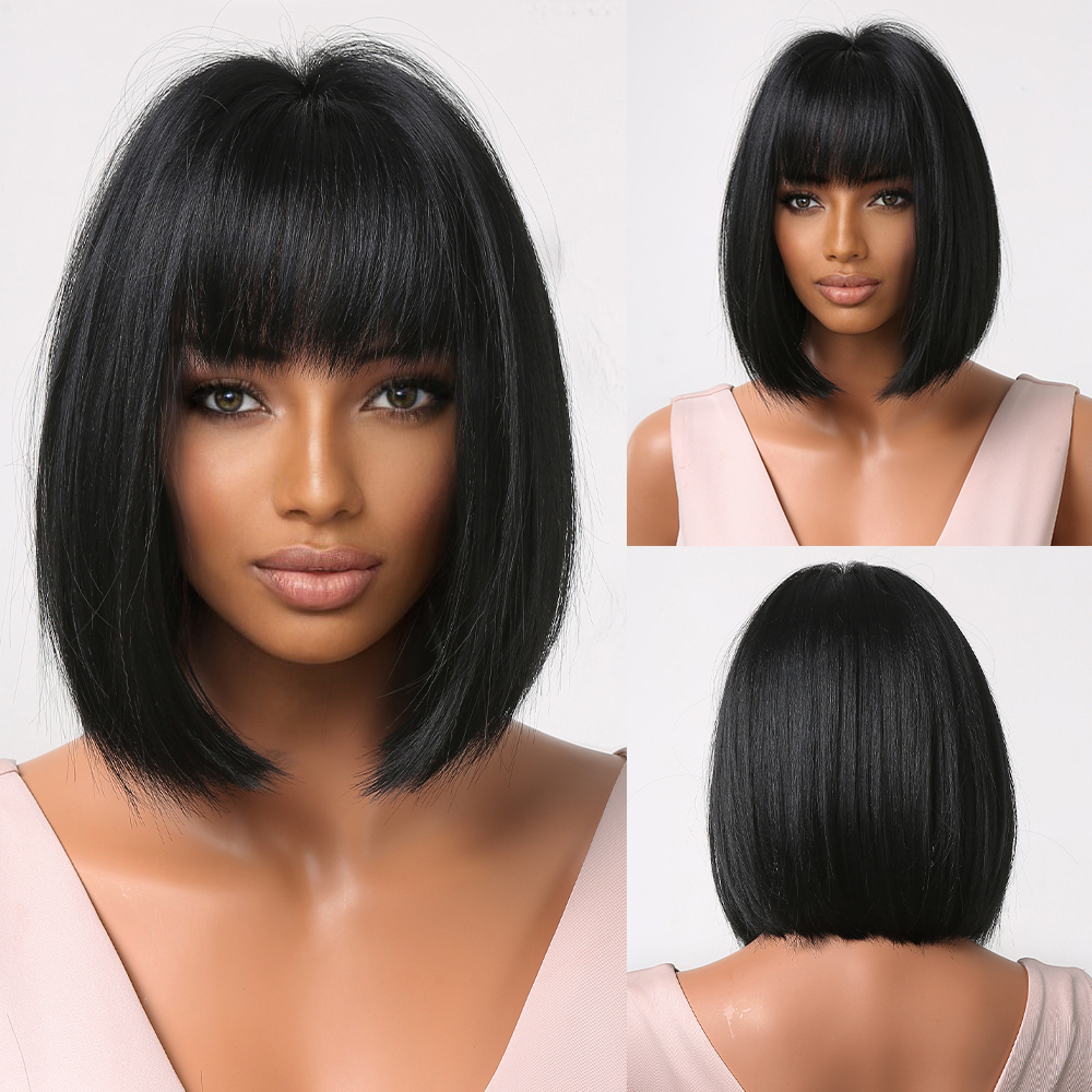 Black color Synthetic Wigs with Bangs Short Straight Bob Hair Wig for Women Cosplay Daily Natural Hair Heat Resistant
