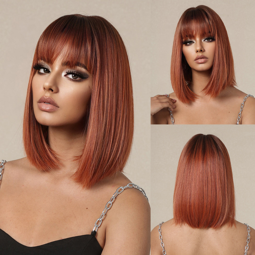 Brown Highlight Bob Wig Mixed Color Synthetic Hair for Women Natural Short Straight Wigs with Bangs