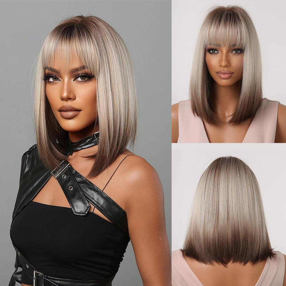 Brown Highlight Bob Wig Mixed Color Synthetic Hair for Women Natural Short Straight Wigs with Bangs