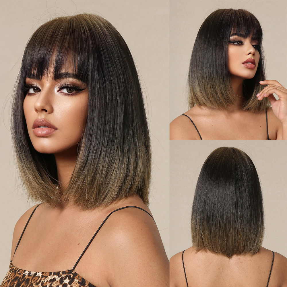 Brown Highlight Bob Wig Mixed Color Synthetic Hair for Women Natural Short Straight Wigs with Bangs