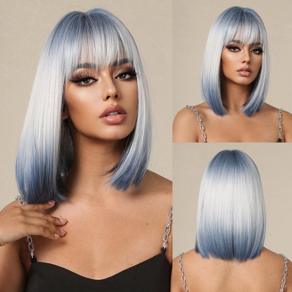 Brown Highlight Bob Wig Mixed Color Synthetic Hair for Women Natural Short Straight Wigs with Bangs