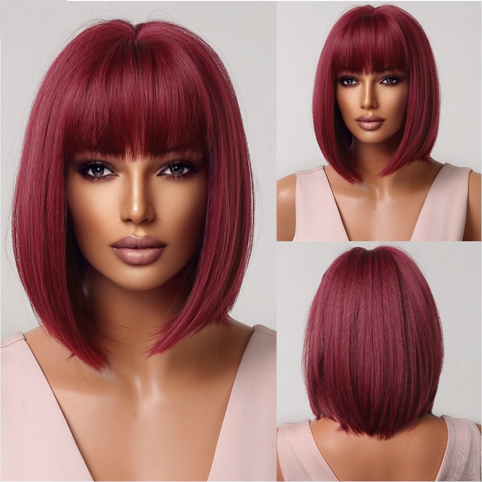 Black color Synthetic Wigs with Bangs Short Straight Bob Hair Wig for Women Cosplay Daily Natural Hair Heat Resistant