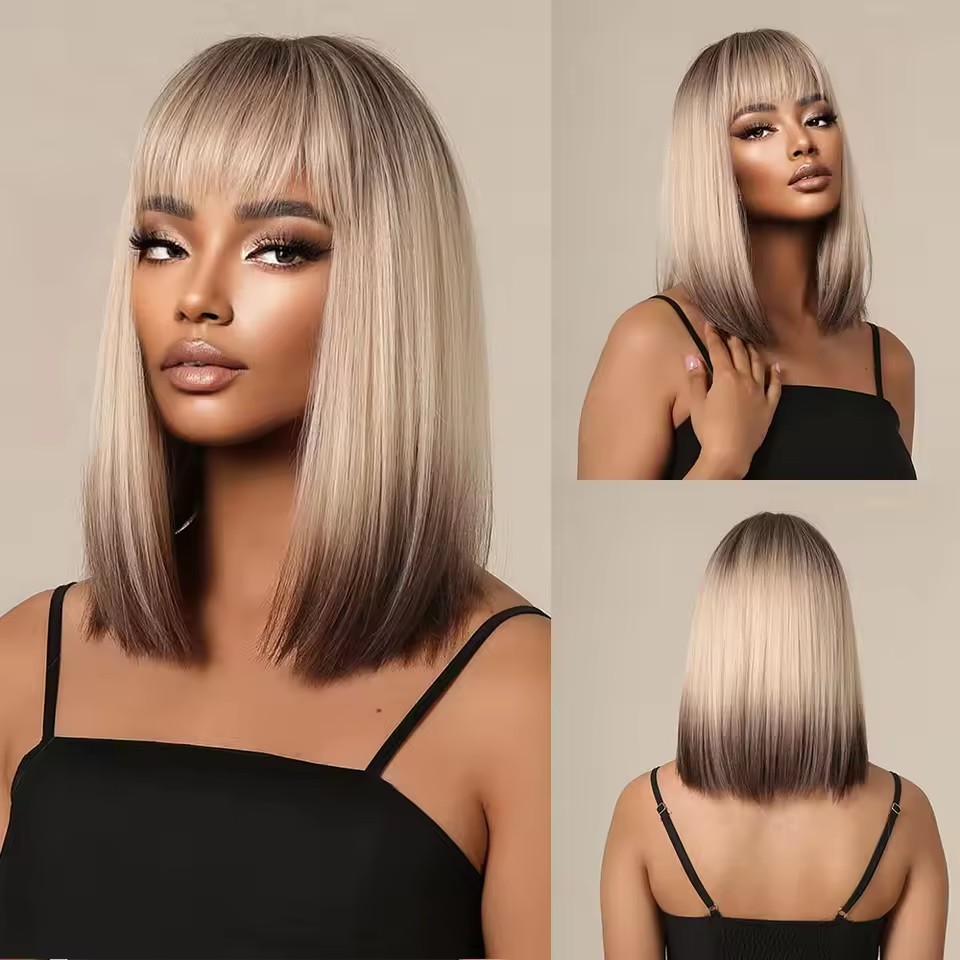 Brown Highlight Bob Wig Mixed Color Synthetic Hair for Women Natural Short Straight Wigs with Bangs