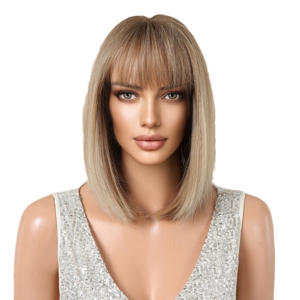 Brown Bob Wig with Bangs Synthetic Short Straight Cosplay Wigs for Black Women Natural Party Daily Use