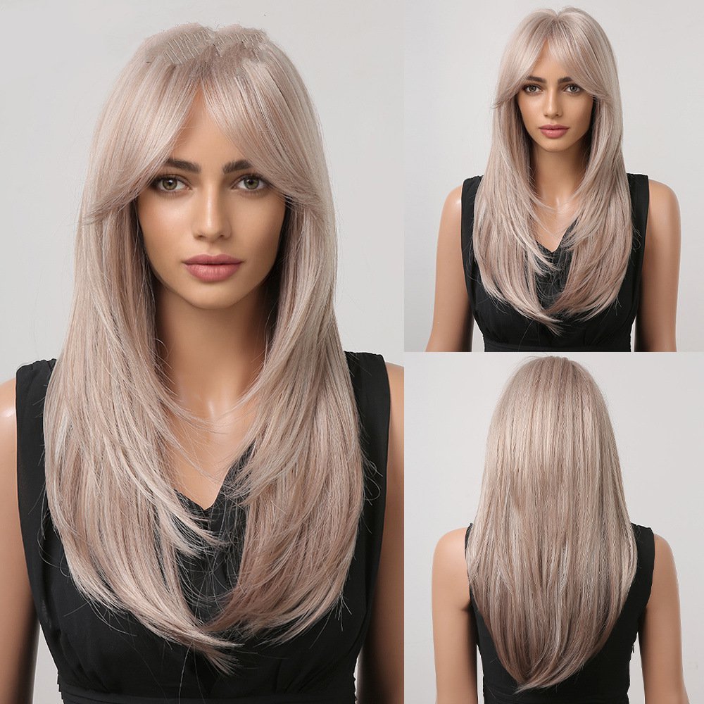 Synthetic Fiber Wigs for Women Straight Brown Blonde Wig with Bangs Heat Resistant Fashion Natural Daily Party