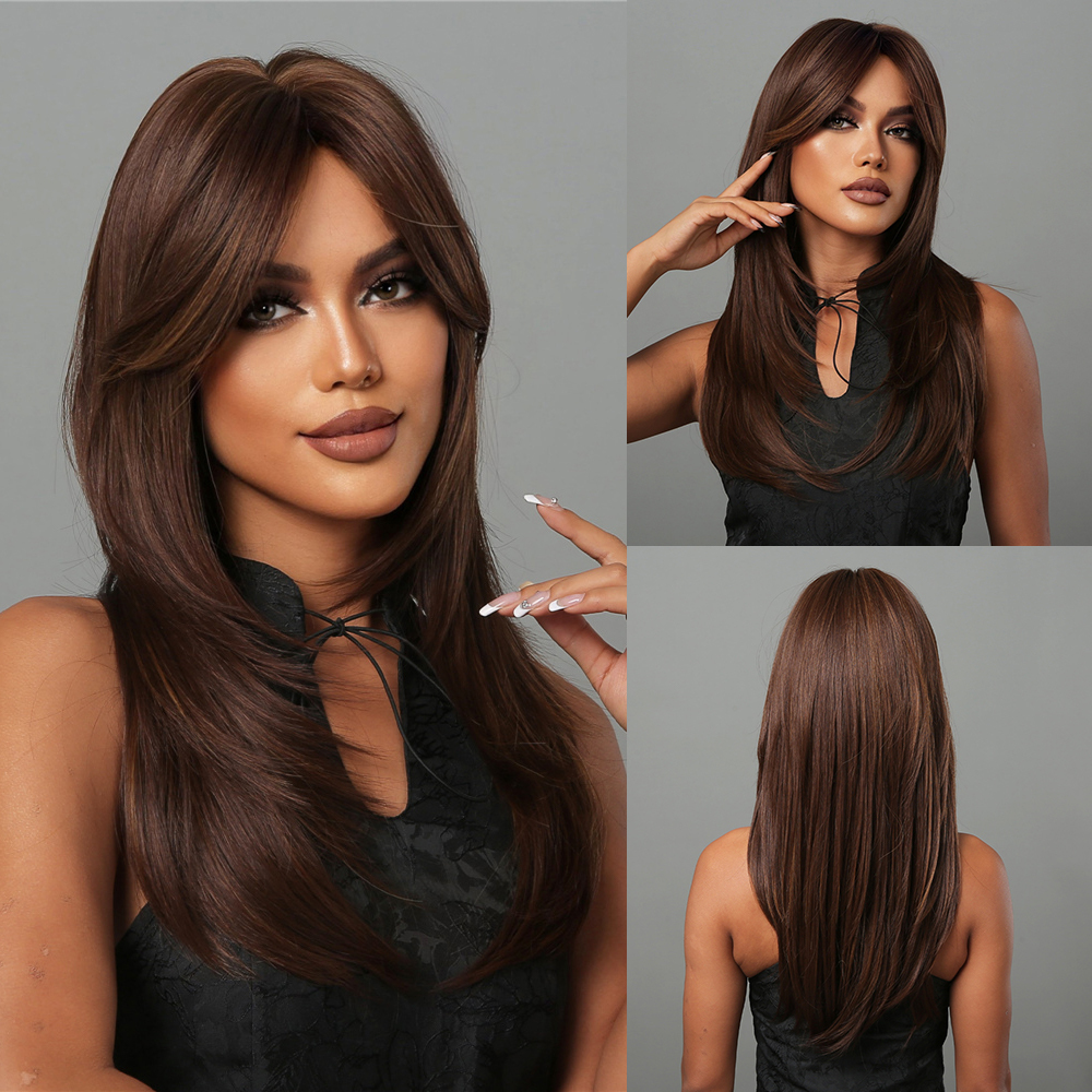 Long Straight  20 inch  Synthetic Wig with  Fringe Brown Gradient Natural Wig For Women daily wigs