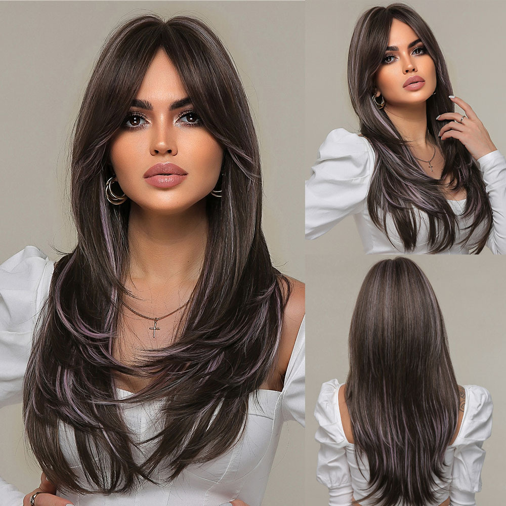 MidLength 20 inch  Straight Synthetic Wig   Fringe Brown Gradient Natural Wig For Women