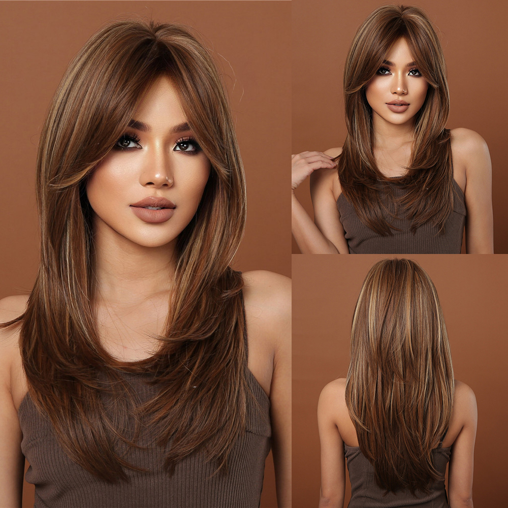 MidLength 20 inch  Straight Synthetic Wig   Fringe Brown Gradient Natural Wig For Women
