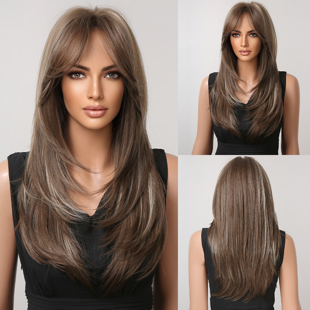 MidLength 20 inch  Straight Synthetic Wig   Fringe Brown Gradient Natural Wig For Women
