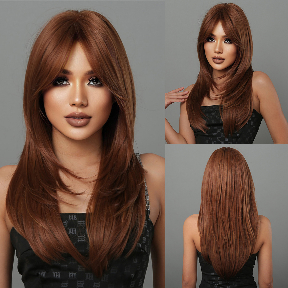 MidLength 20 inch  Straight Synthetic Wig   Fringe Brown Gradient Natural Wig For Women