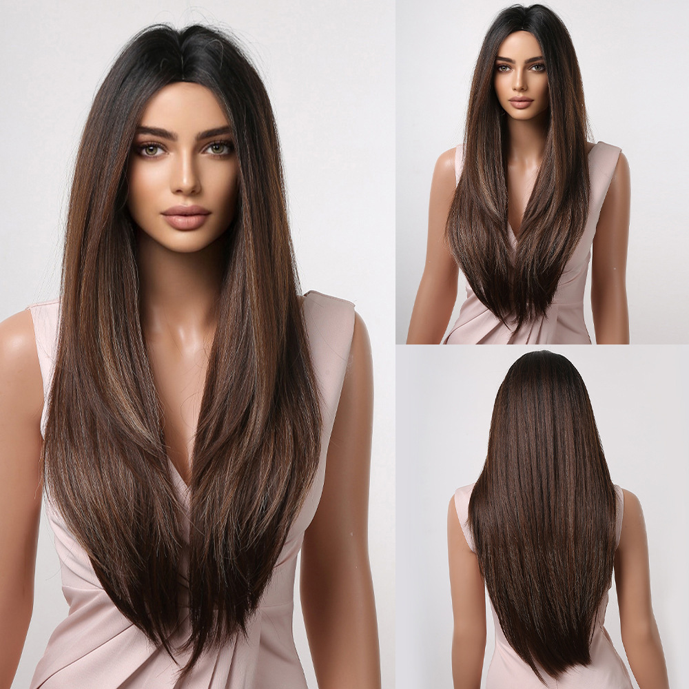Mid Part  Synthetic Wigs Long Silk Straight Wig  Machine Made Natural BlackDaily Wig Heat Resistant Wigs