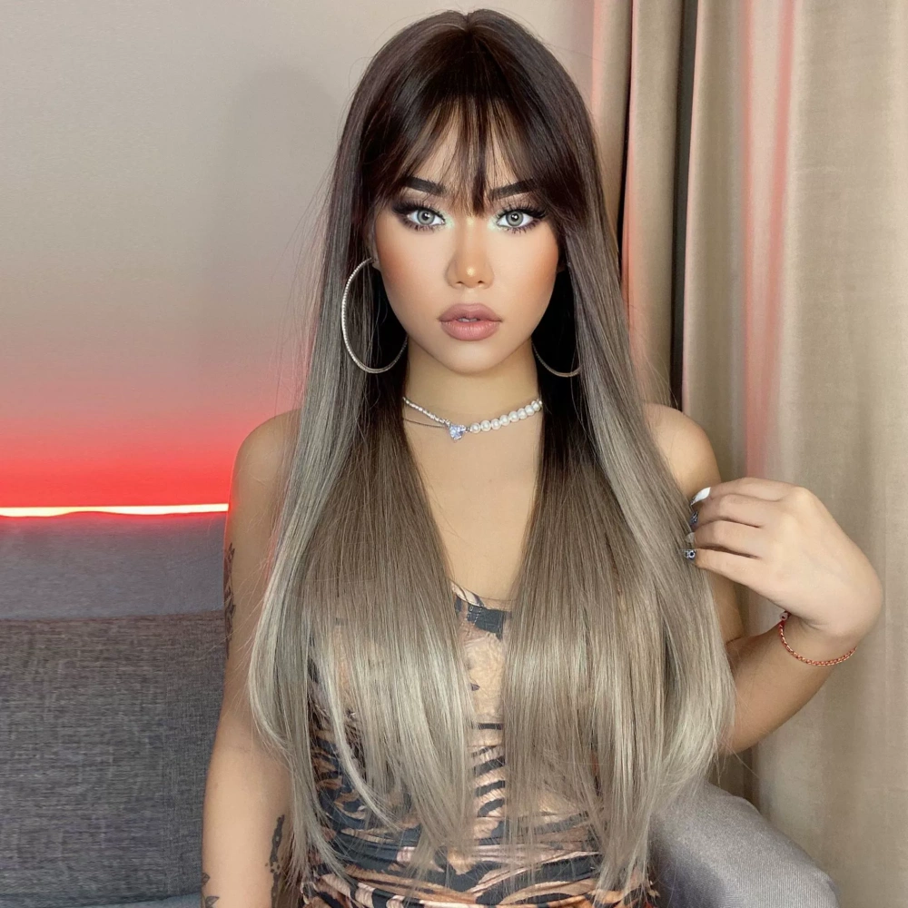 Natural Long Straight Synthetic Wig  for Women Fashion Wig  with Bangs for for Daily Halloween Costume Party Cosplay