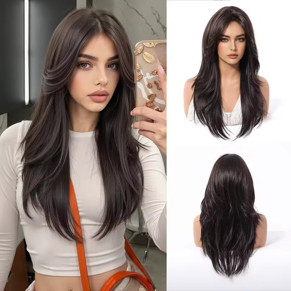 Mid Part  Synthetic Wigs Long Silk Straight Wig  Machine Made Natural BlackDaily Wig Heat Resistant Wigs