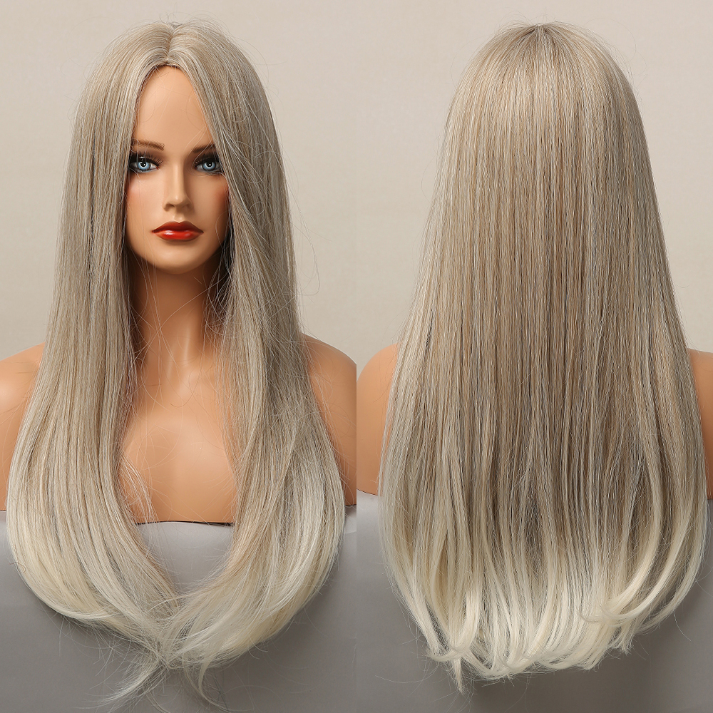 Mid Part  Synthetic Wigs Long Silk Straight Wig  Machine Made Natural BlackDaily Wig Heat Resistant Wigs