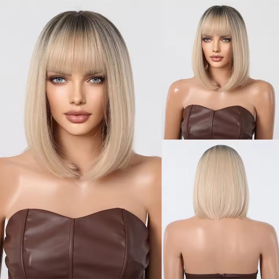 Brown Bob Wig with Bangs Synthetic Short Straight Cosplay Wigs for Black Women Natural Party Daily Use