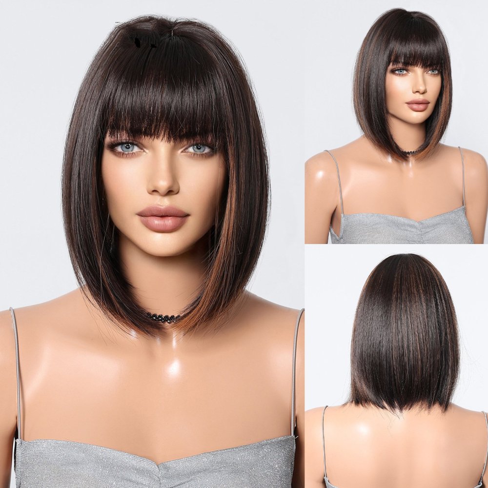 Brown Bob Wig with Bangs Synthetic Short Straight Cosplay Wigs for Black Women Natural Party Daily Use