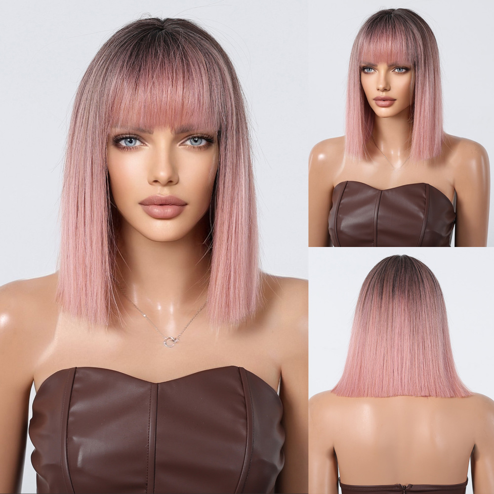 Brown Bob Wig with Bangs Synthetic Short Straight Cosplay Wigs for Black Women Natural Party Daily Use