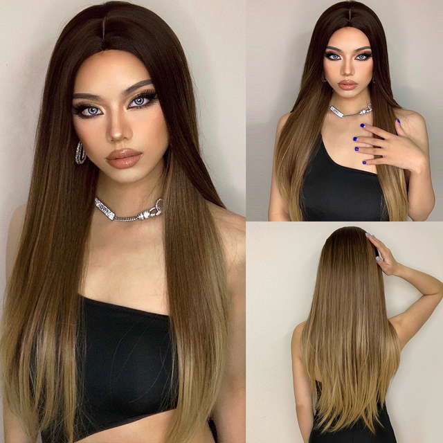 Mid Part  Synthetic Wigs Long Silk Straight Wig  Machine Made Natural BlackDaily Wig Heat Resistant Wigs