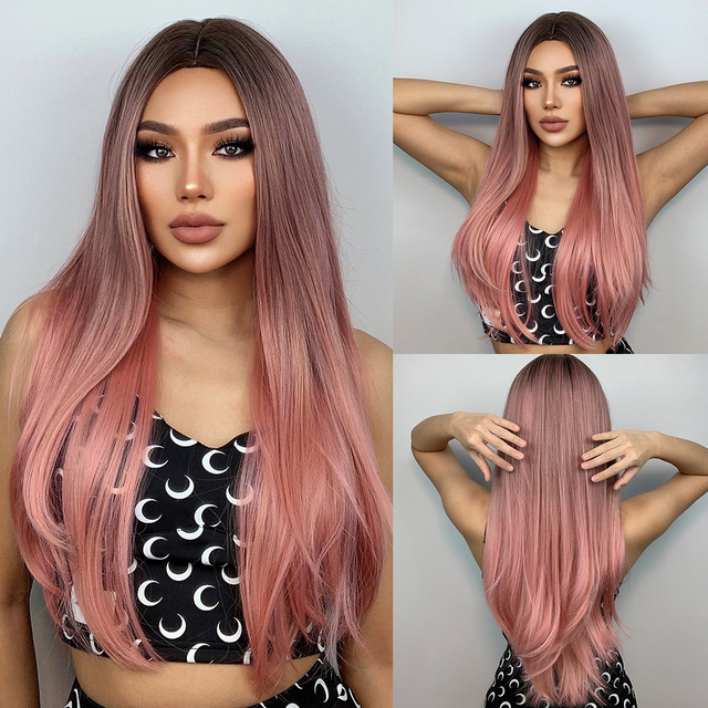 Mid Part  Synthetic Wigs Long Silk Straight Wig  Machine Made Natural BlackDaily Wig Heat Resistant Wigs