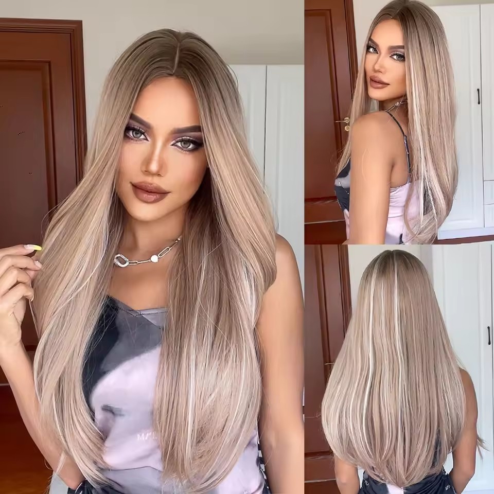 Mid Part  Synthetic Wigs Long Silk Straight Wig  Machine Made Natural BlackDaily Wig Heat Resistant Wigs