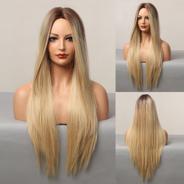 Long Straight  BrownLayered Synthetic Wig  Blond highlights Wigs for Women Christmas Party Daily Use Wigs