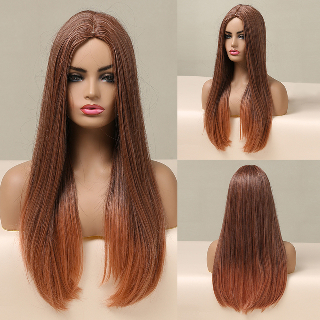 Long Straight  BrownLayered Synthetic Wig  Blond highlights Wigs for Women Christmas Party Daily Use Wigs