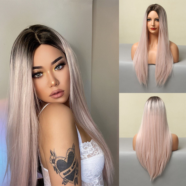 Long Straight  BrownLayered Synthetic Wig  Blond highlights Wigs for Women Christmas Party Daily Use Wigs