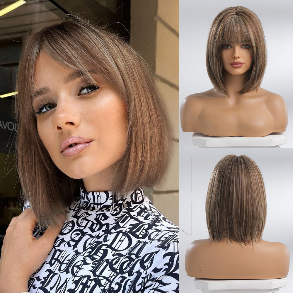 Short Ombre Platinum Blonde Synthetic Bob Wigs with Bangs Short Straight Natural Hair Wig for Women