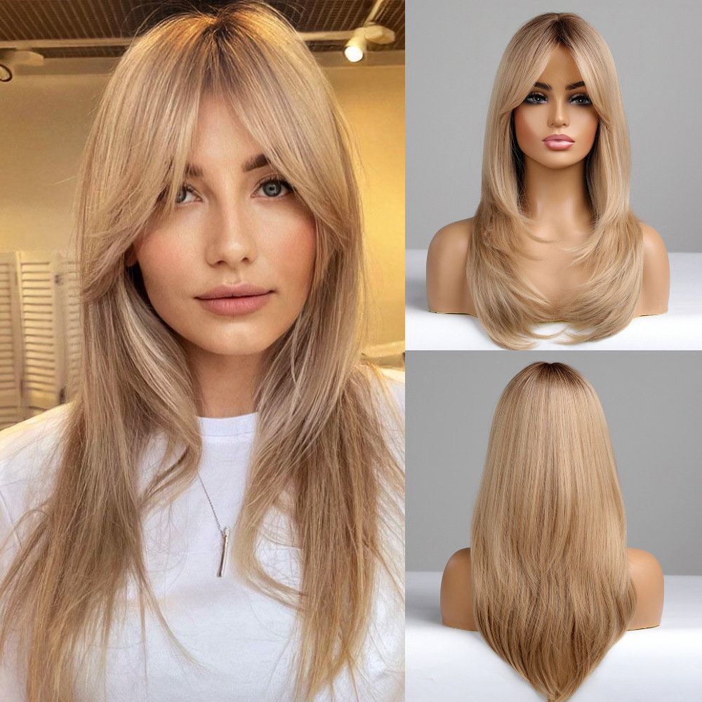 Long Straight  20 inch  Synthetic Wig with  Fringe Brown Gradient Natural Wig For Women daily wigs