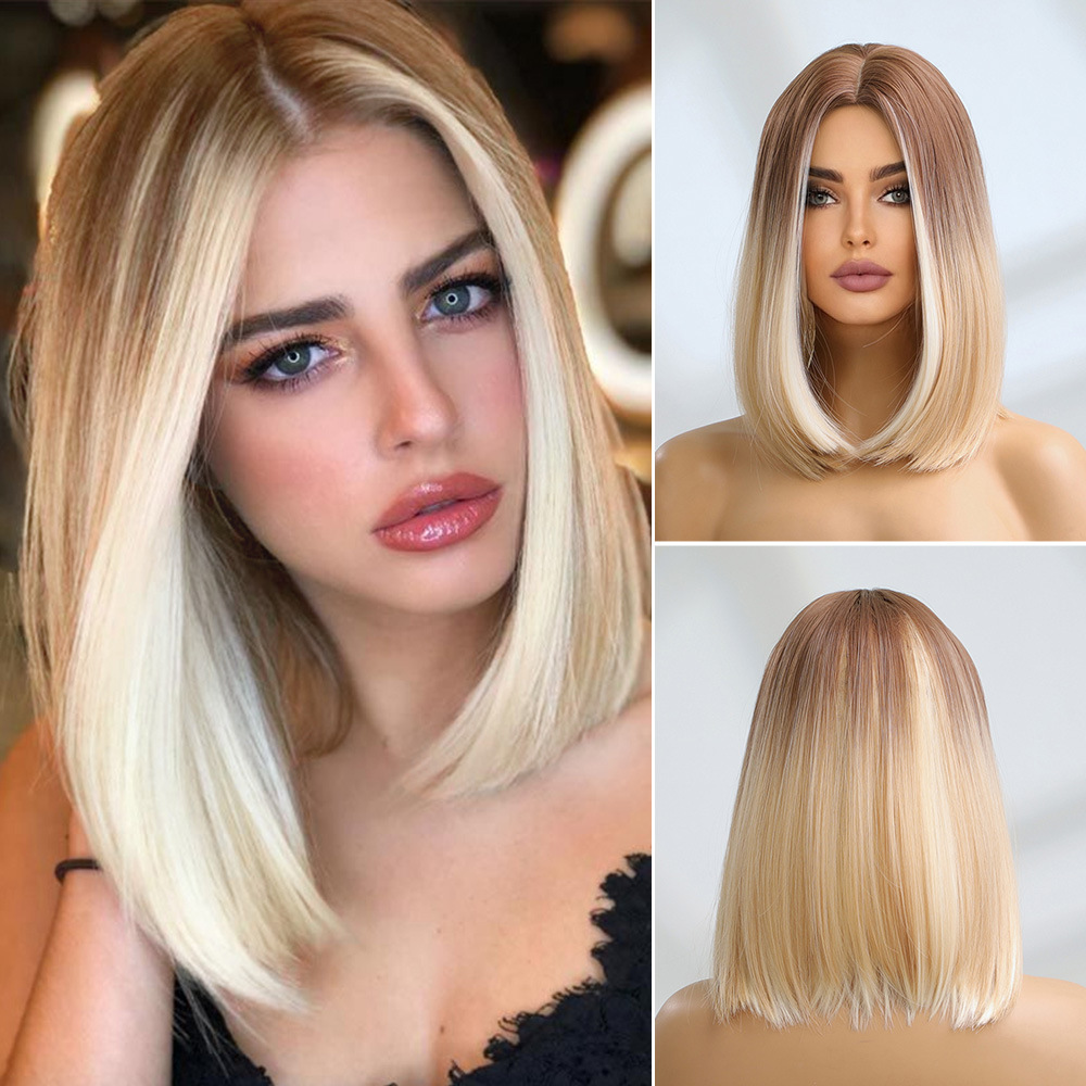 Short Ombre Platinum Blonde Synthetic Bob Wigs with Bangs Short Straight Natural Hair Wig for Women