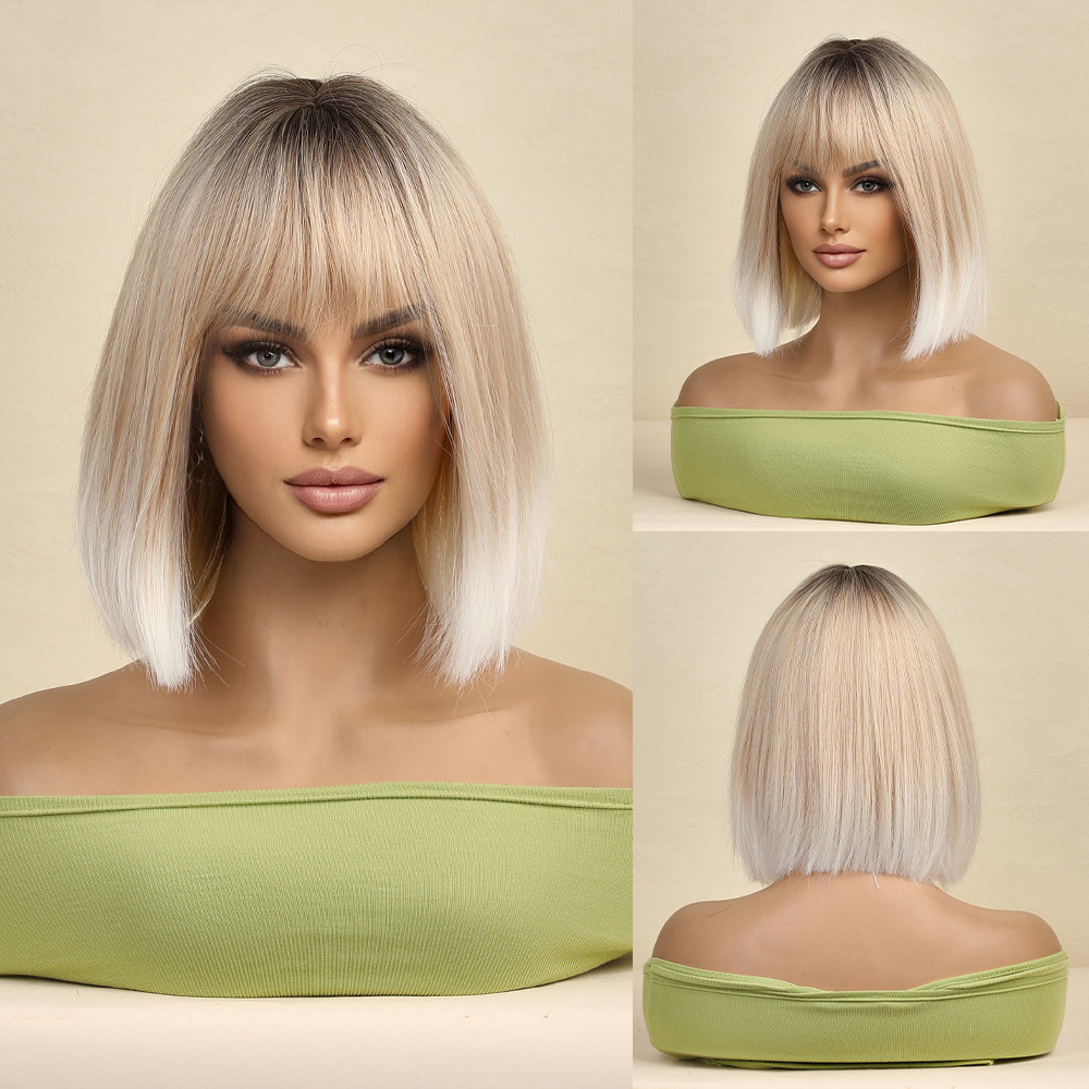 Black color Synthetic Wigs with Bangs Short Straight Bob Hair Wig for Women Cosplay Daily Natural Hair Heat Resistant