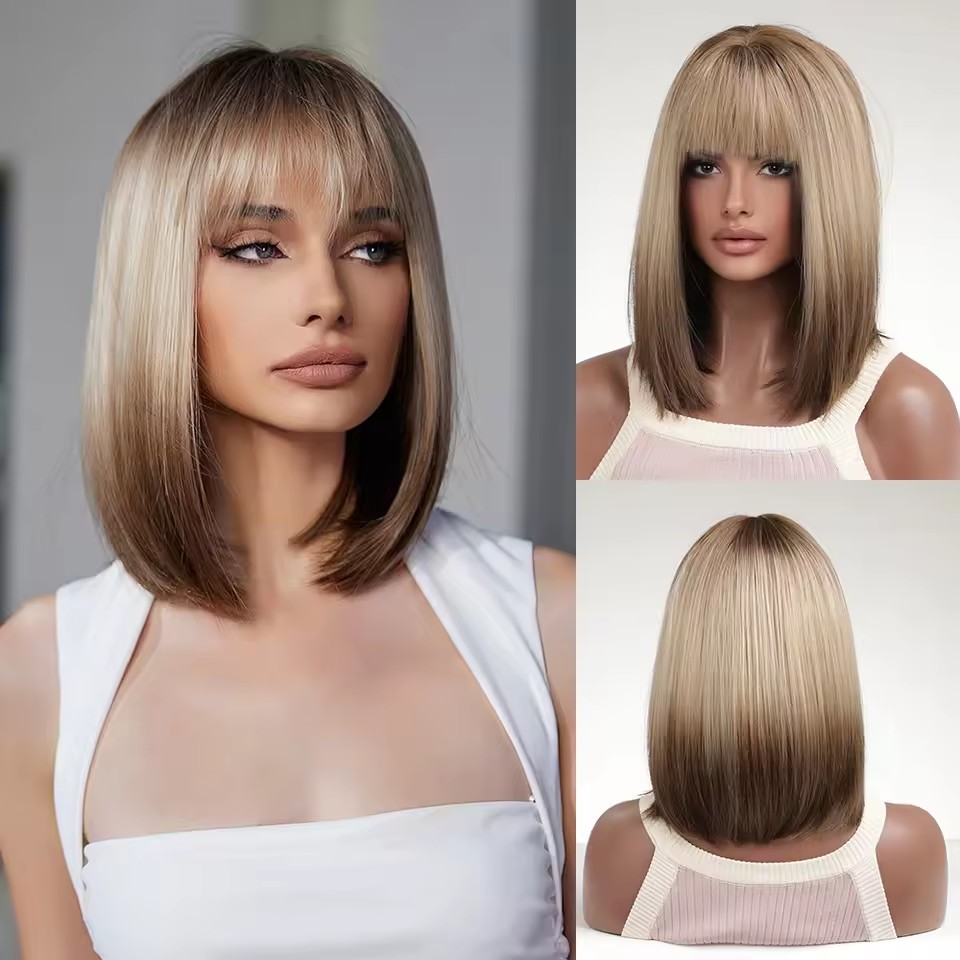 Brown Highlight Bob Wig Mixed Color Synthetic Hair for Women Natural Short Straight Wigs with Bangs
