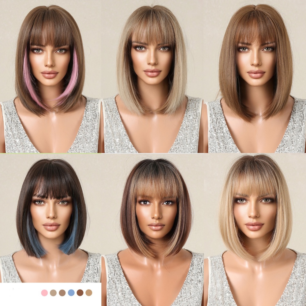 Brown Bob Wig with Bangs Synthetic Short Straight Cosplay Wigs for Black Women Natural Party Daily Use