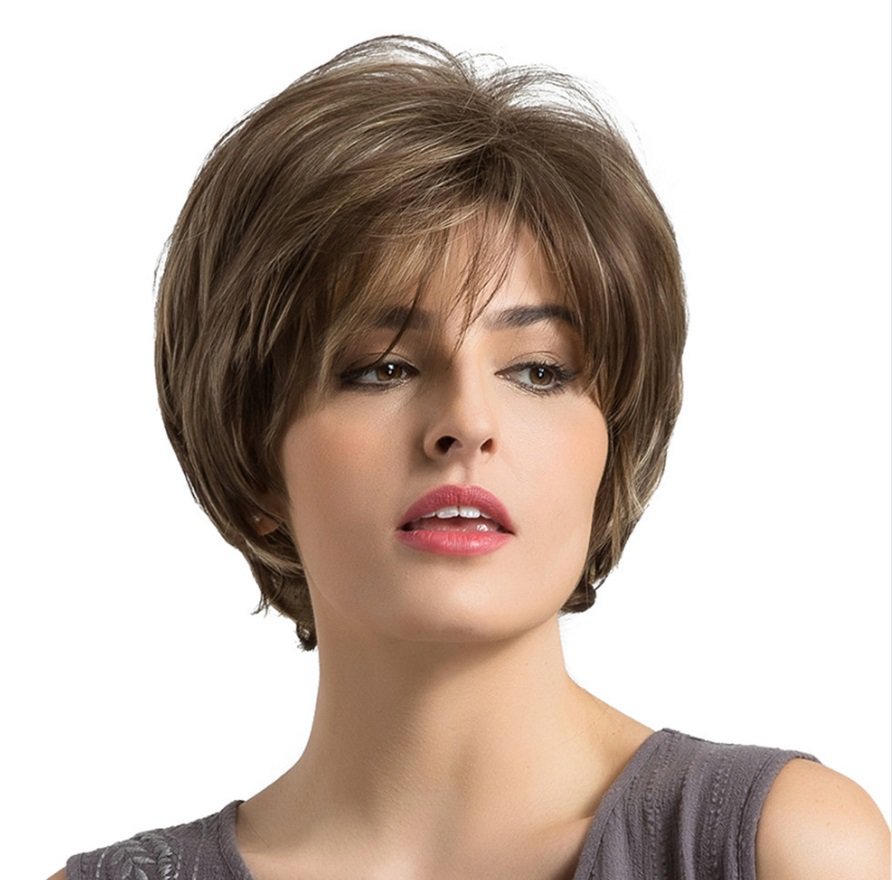 Short Pixie Cut Synthetic Wigs with Bangs Natural Brown Layered Wig for Women Straight Ladies Hair Daily Heat Resistant