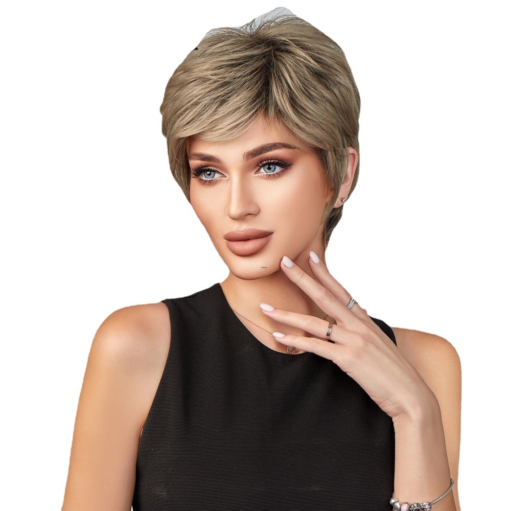 Short Pixie Cut Synthetic Wigs with Bangs Natural Brown Layered Wig for Women Straight Ladies Hair Daily Heat Resistant