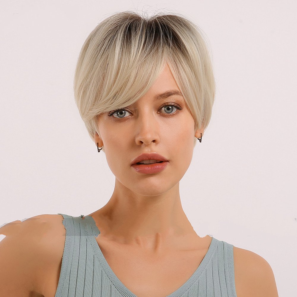Short Pixie Cut Synthetic Wigs with Bangs Natural Brown Layered Wig for Women Straight Ladies Hair Daily Heat Resistant